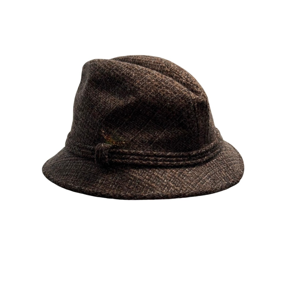 Stetson Vintage Brown Wool Tweed Fedora Hat Braided Band Feather Mens Medium USA